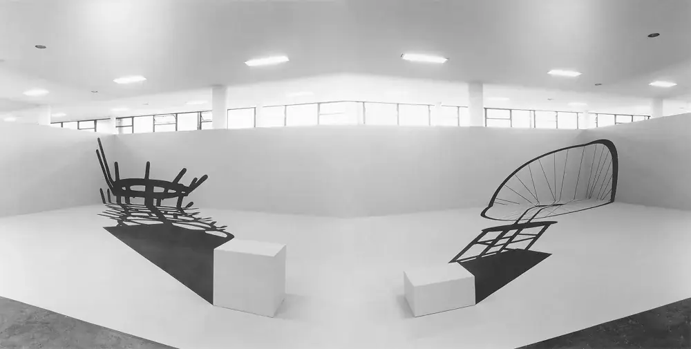 In Absentia M.D., 1983 — Latex on cement floor and wooden panels