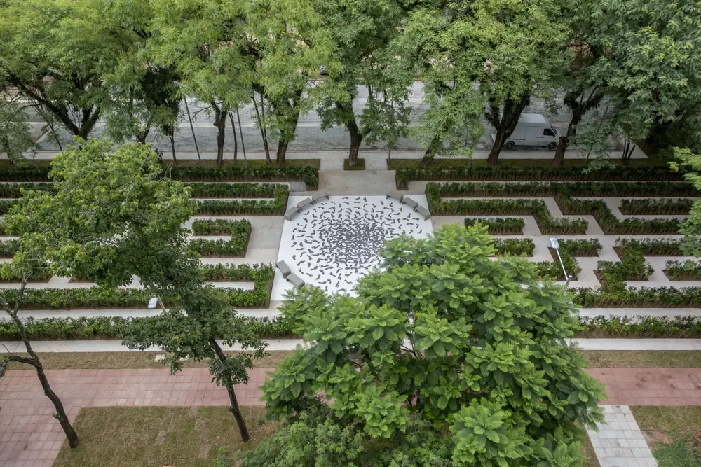 Praça Mundo, 2017 — Digitally cut porcelain tile and labyrinth landscaping