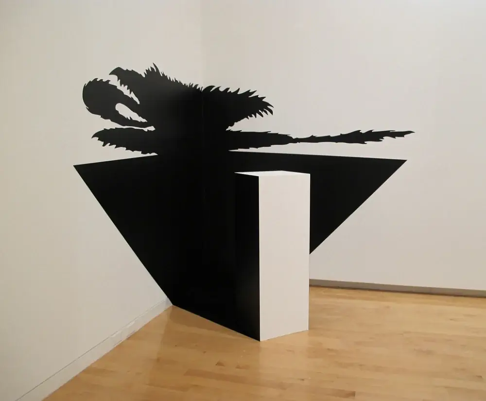 Masterpieces (In Absentia): Meret Oppenheim, 2012 — Adhesive vinyl and wooden pedestal