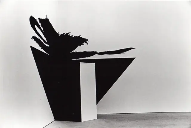 Masterpieces (In Absentia): Meret Oppenheim, 2012 — Adhesive vinyl and wooden pedestal