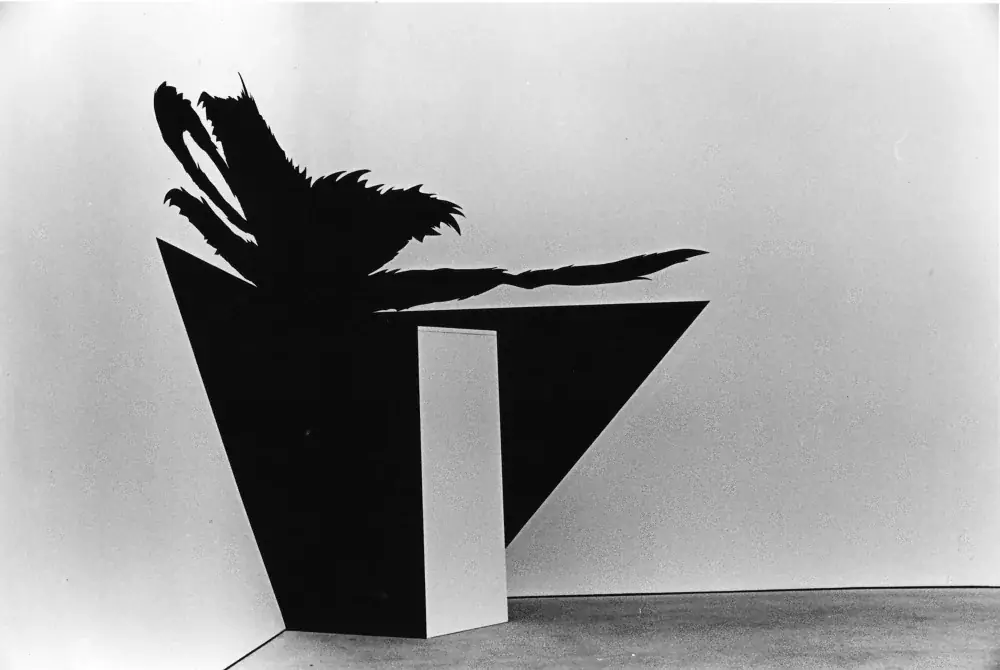 Masterpieces (In Absentia): Meret Oppenheim, 2012 — Adhesive vinyl and wooden pedestal