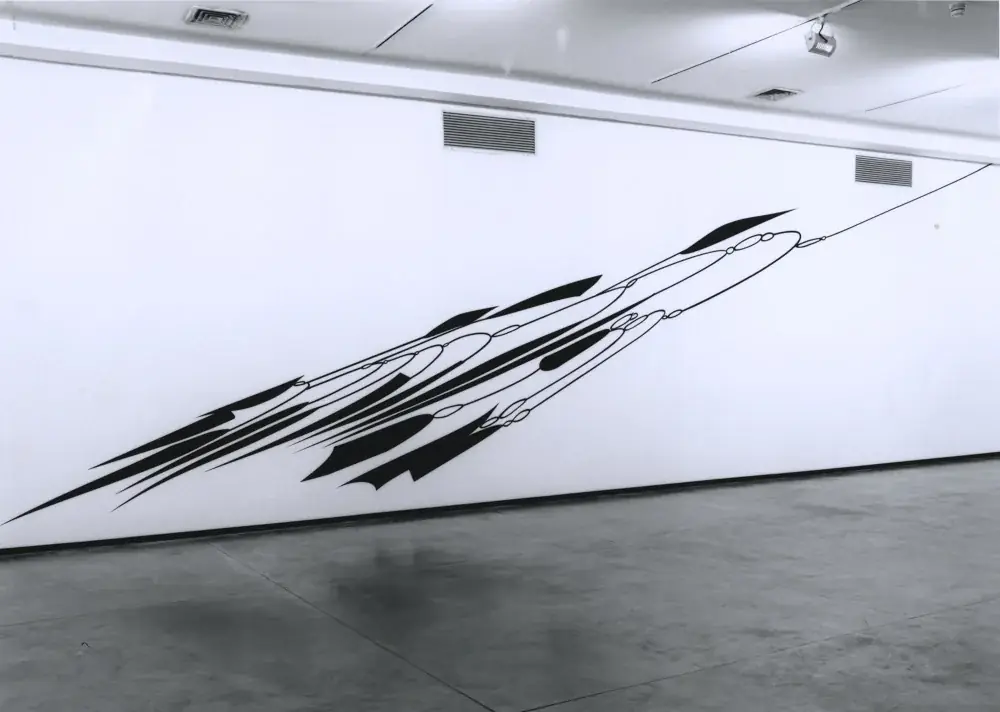Masterpieces (In Absentia): Meret Oppenheim, 2012 — Adhesive vinyl and wooden pedestal