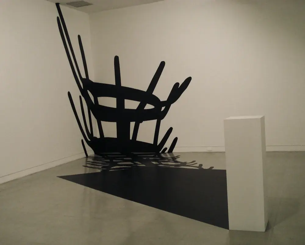 Masterpieces (In Absentia): Meret Oppenheim, 2012 — Adhesive vinyl and wooden pedestal